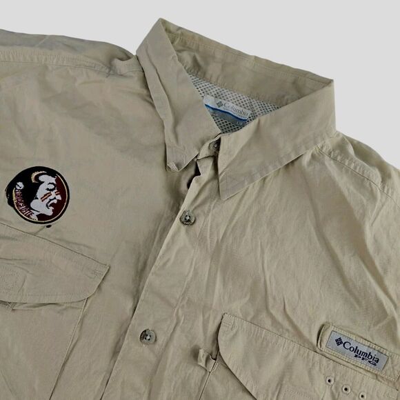 Columbia PFG Florida State Mens Large Beige Short Sleeve Button Front Fishing‎ - Picture 1 of 5